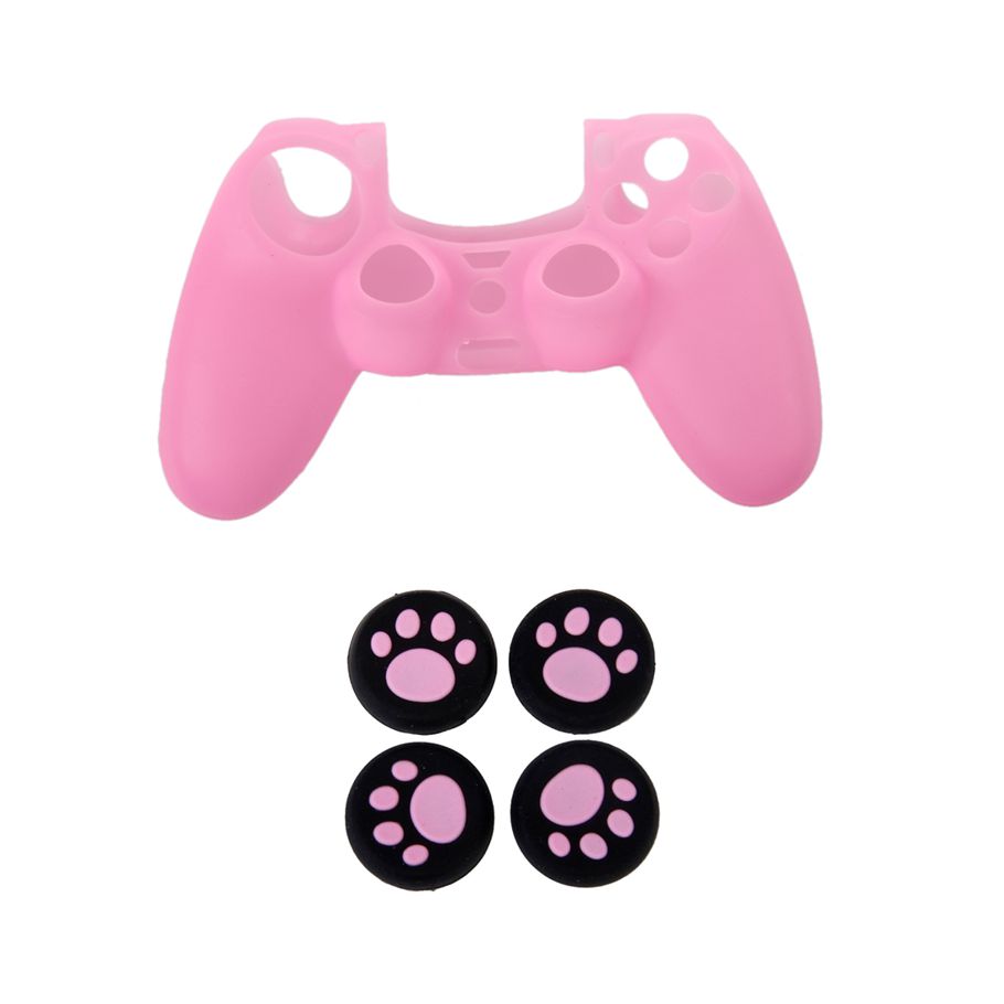 4Pcs Pink Black Cat Paws Analog Joystick Thumbstick Handles Caps for PS4 / Xbox One / PS3 / Xbox 360 Controller & 1Pcs Silicone Gel Protective Skin Case for PS4 Controller