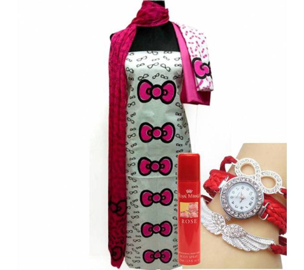 Unstitched Cotton Three-piece, Clock and Body Spray Combo