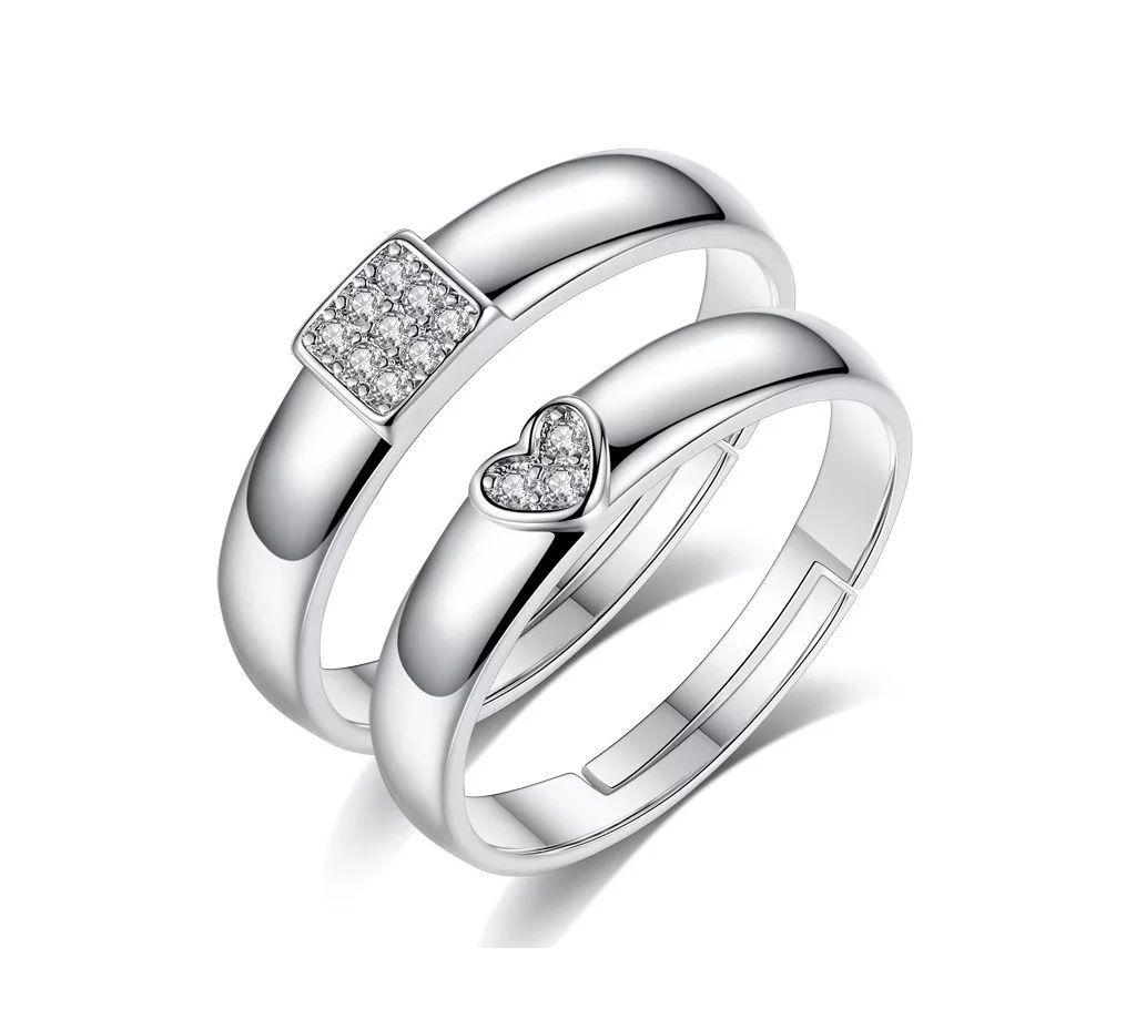 Silver Color Open Adjustable Couple Rings For Couple Crystal Heart Square Finger Rings