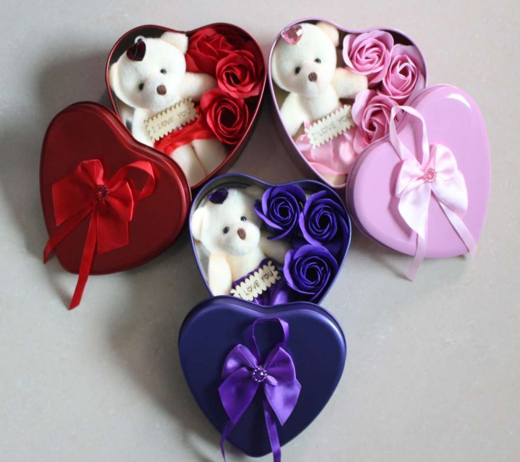 Valentine Gift Love Box With A Cute Teddy Bear and Three Fragrant Rose