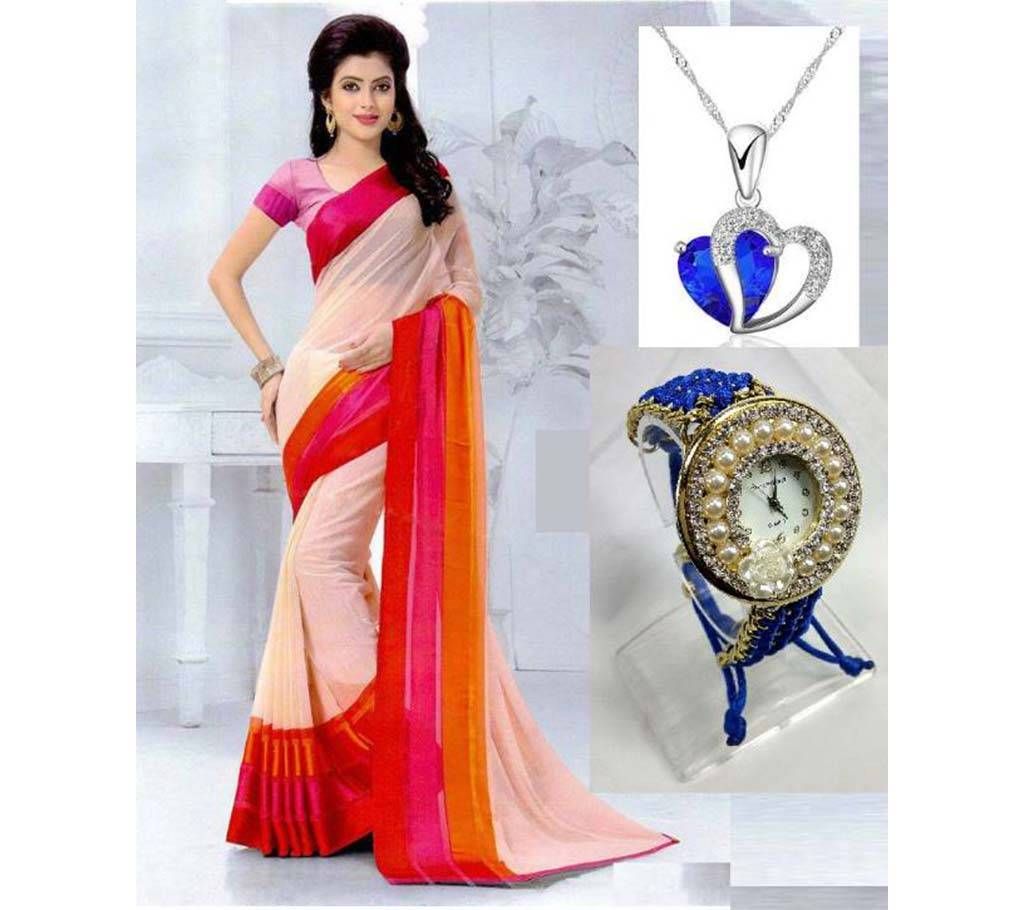 Saree with locket and watch 3 in 1
