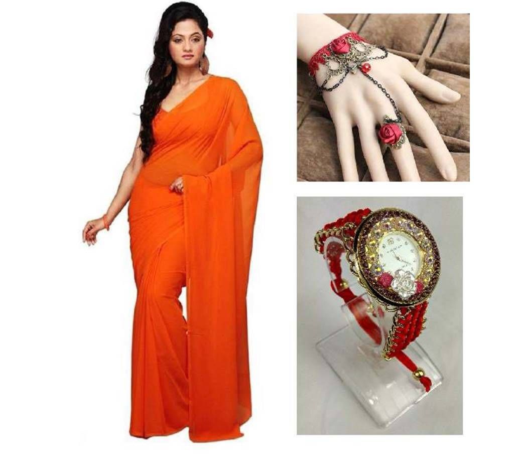 Saree with adjustable bracelet finger ring and watch
