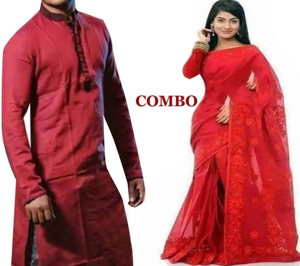 RED Silk Saree - Panjabi Combo  offer