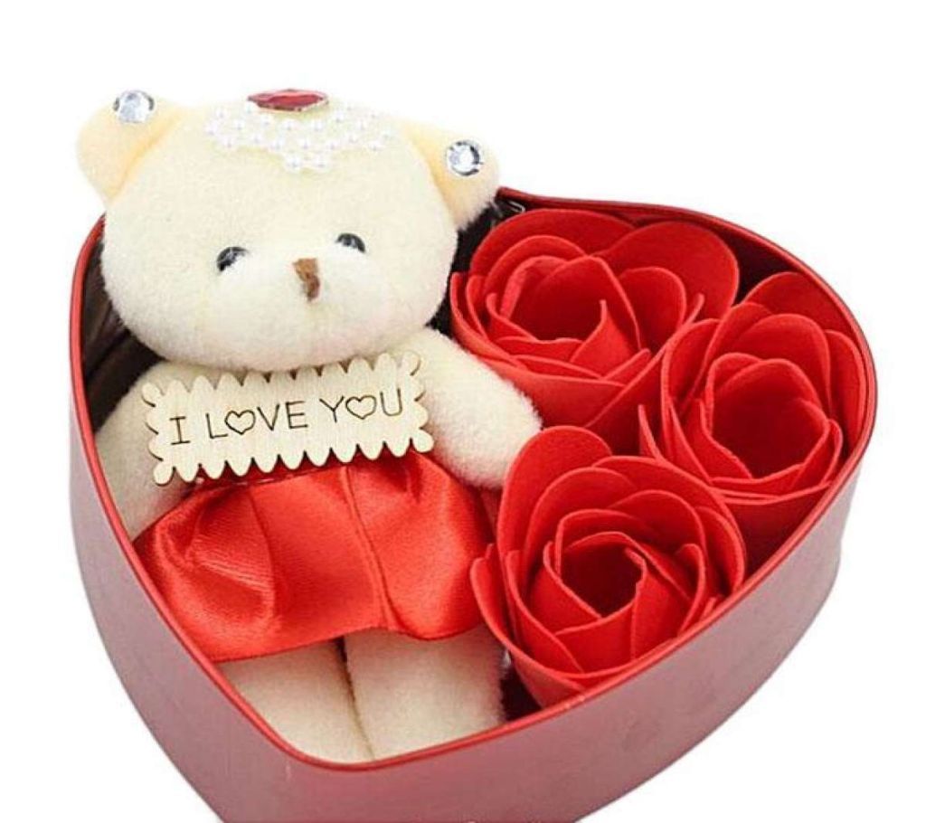 4 sets of gift simulation roses flower soap Valentines Day gift with a lovely bear 3 heads soap flower wedding box gift