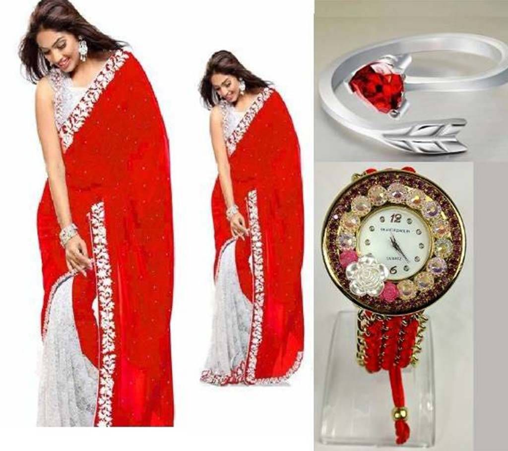 Saree with Beautiful Finger ring and Watch