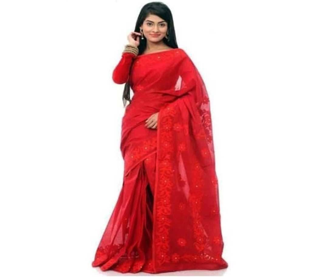 applique Half silk red saree