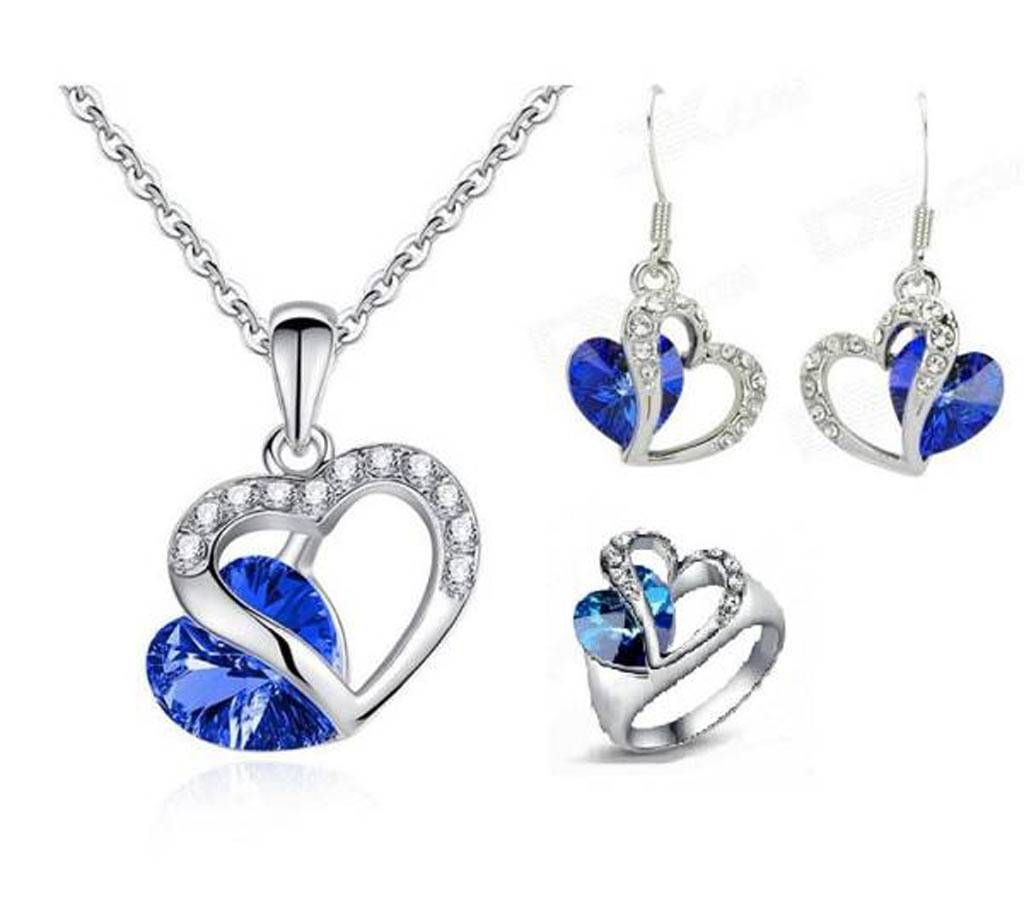 3 in 1 Heart Shaped Blue Stone Setting jewellery Set