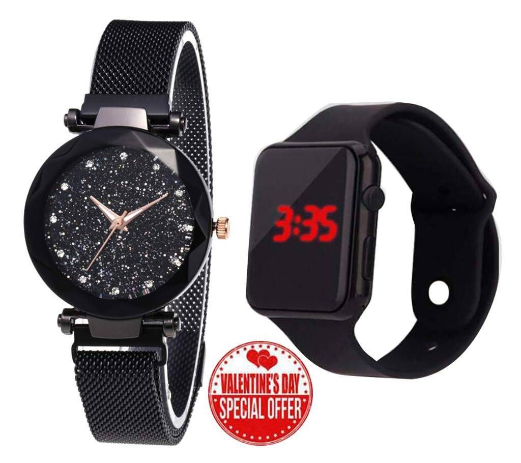 Ladies Wrist Watch+ Mens smart Watch Combo Offer-Black 