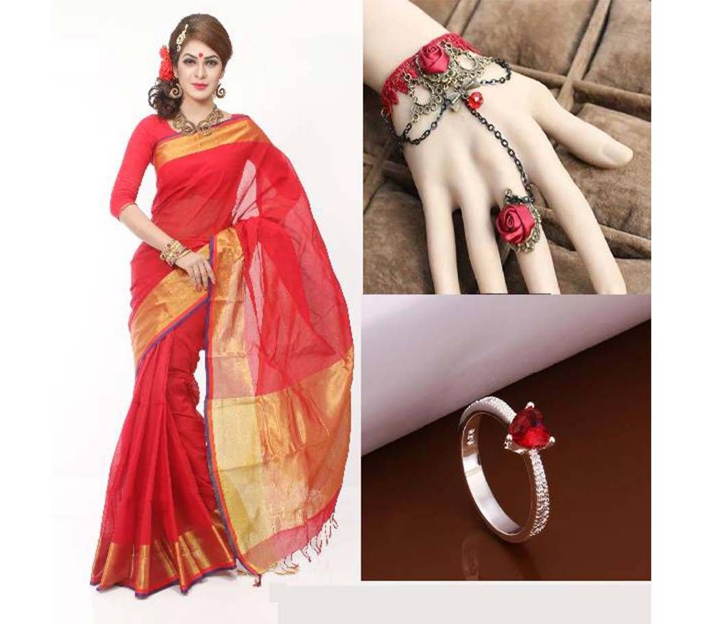 Saree with adjustable bracelet finger ring and Ring