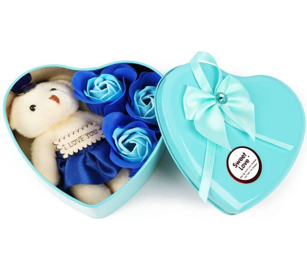 Valentine Day Love Gift -Heart Shape Gift Box (Flowers With Soft Teddy) 100 g