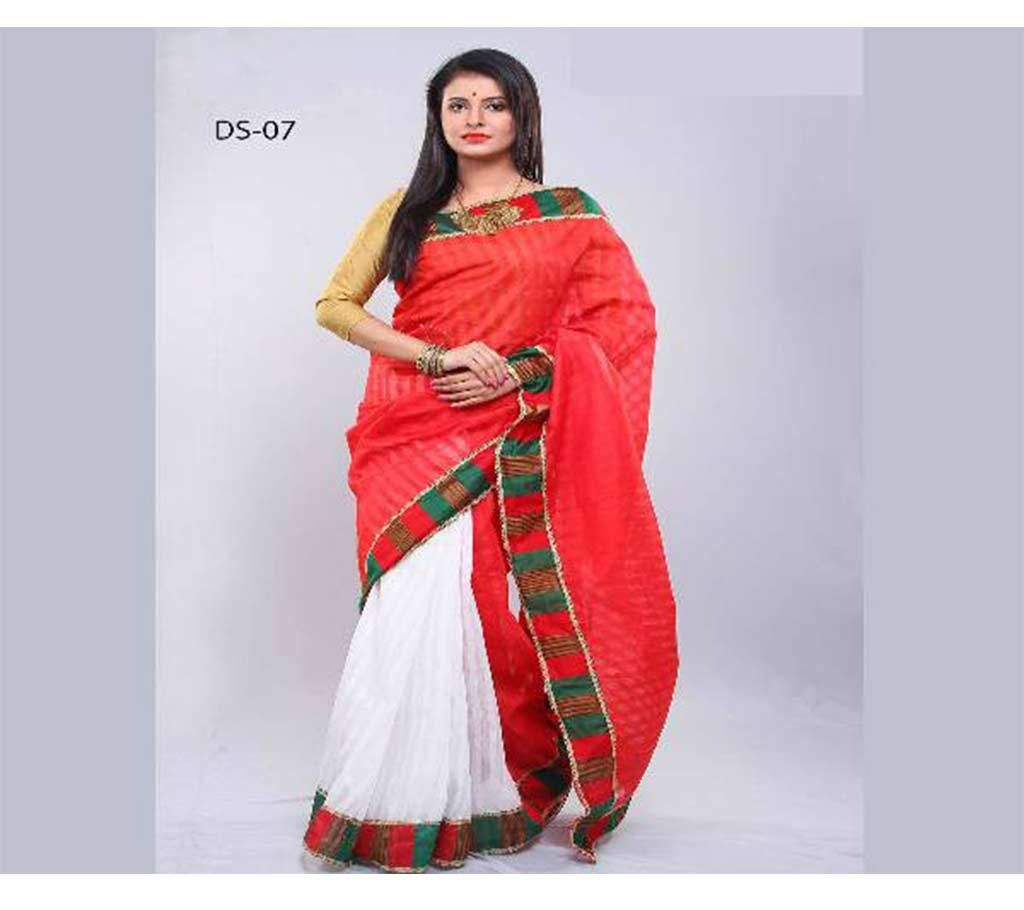 Red & White Combination Silk Sharee
