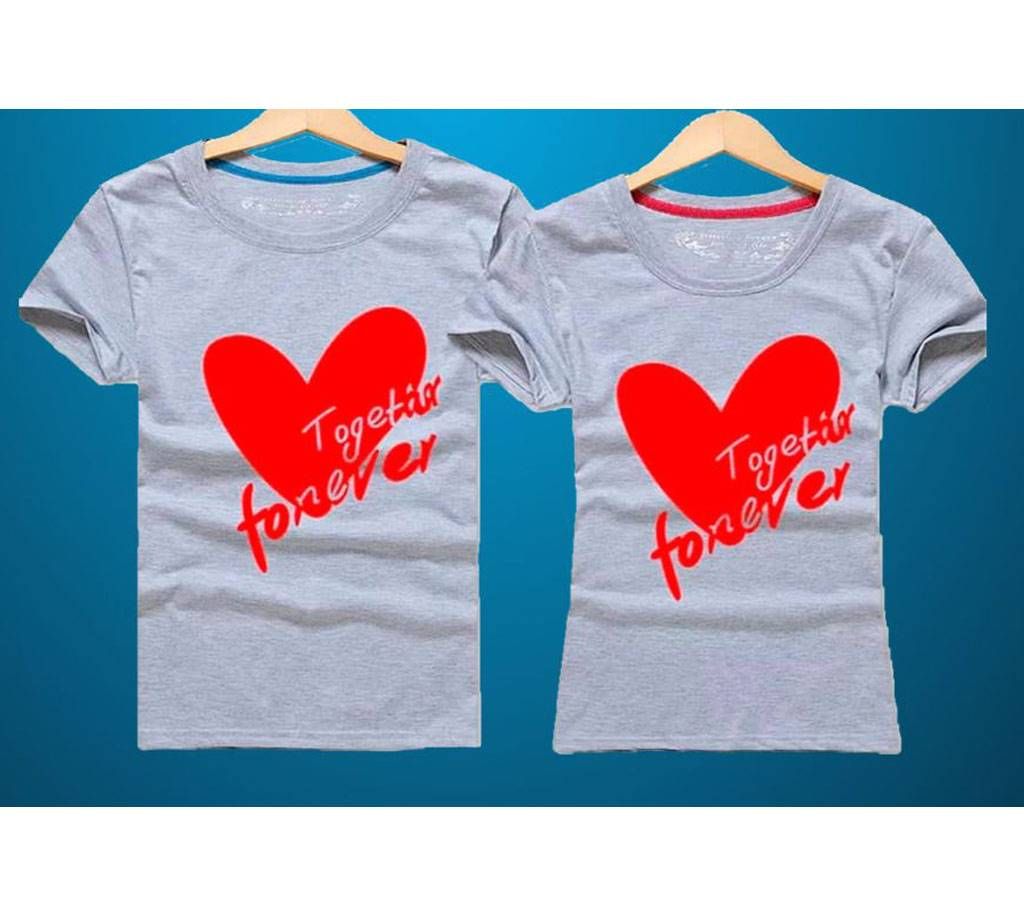 Together Forever Half Sleeve Cotton Couple T-Shirt For Valentine- -Ash and Red 
