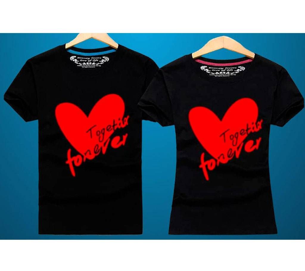 Together   Half Sleeve Cotton Couple T-Shirt-Black and Red 