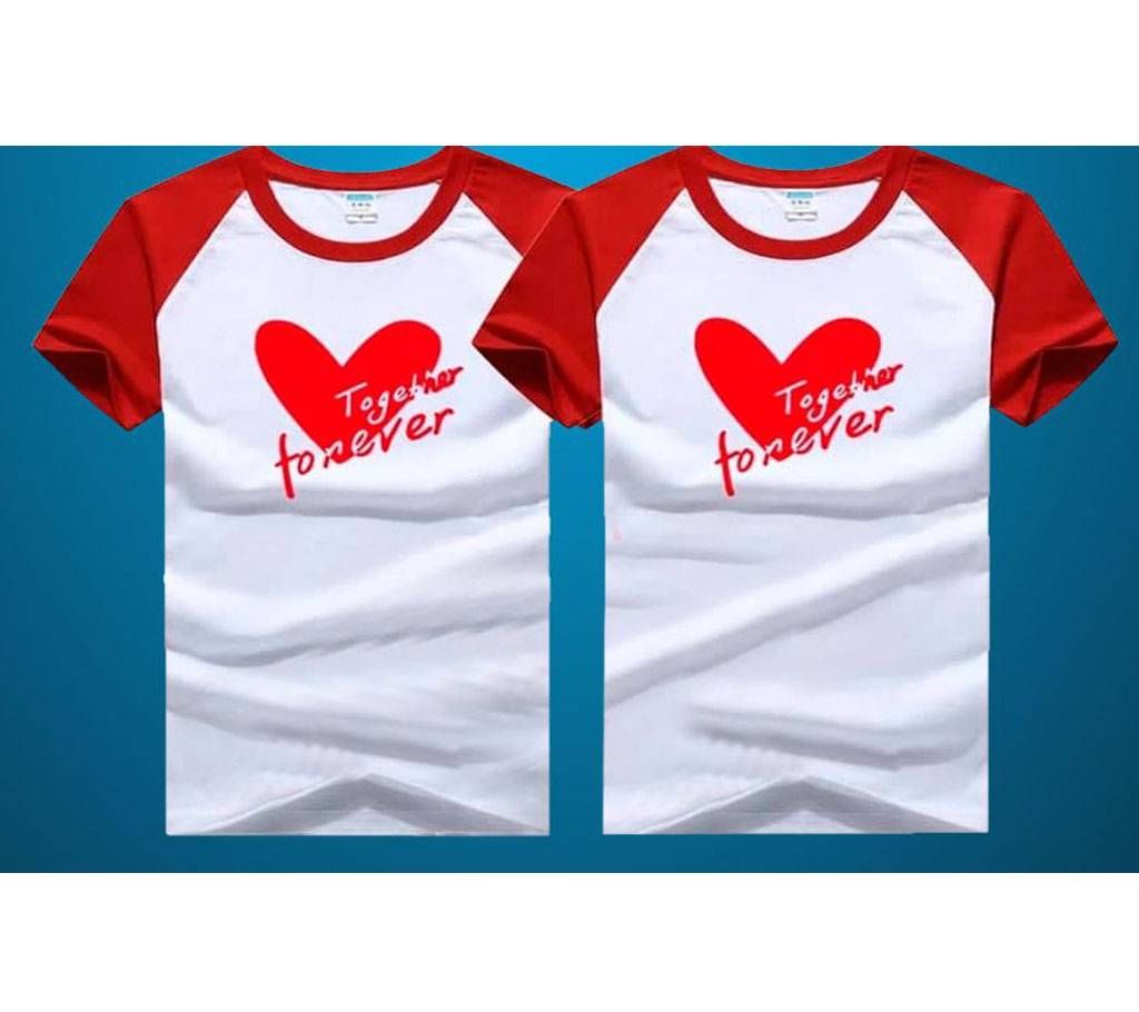 Together Half Sleeve Cotton Couple T-Shirt For Valentine -White and Red 
