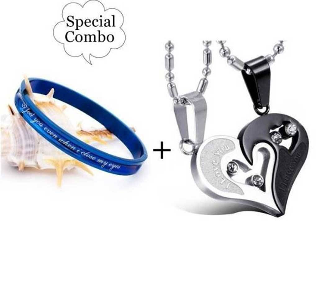 I Love You Couple Pendant & Stainless Steel Bracelet for men combo 