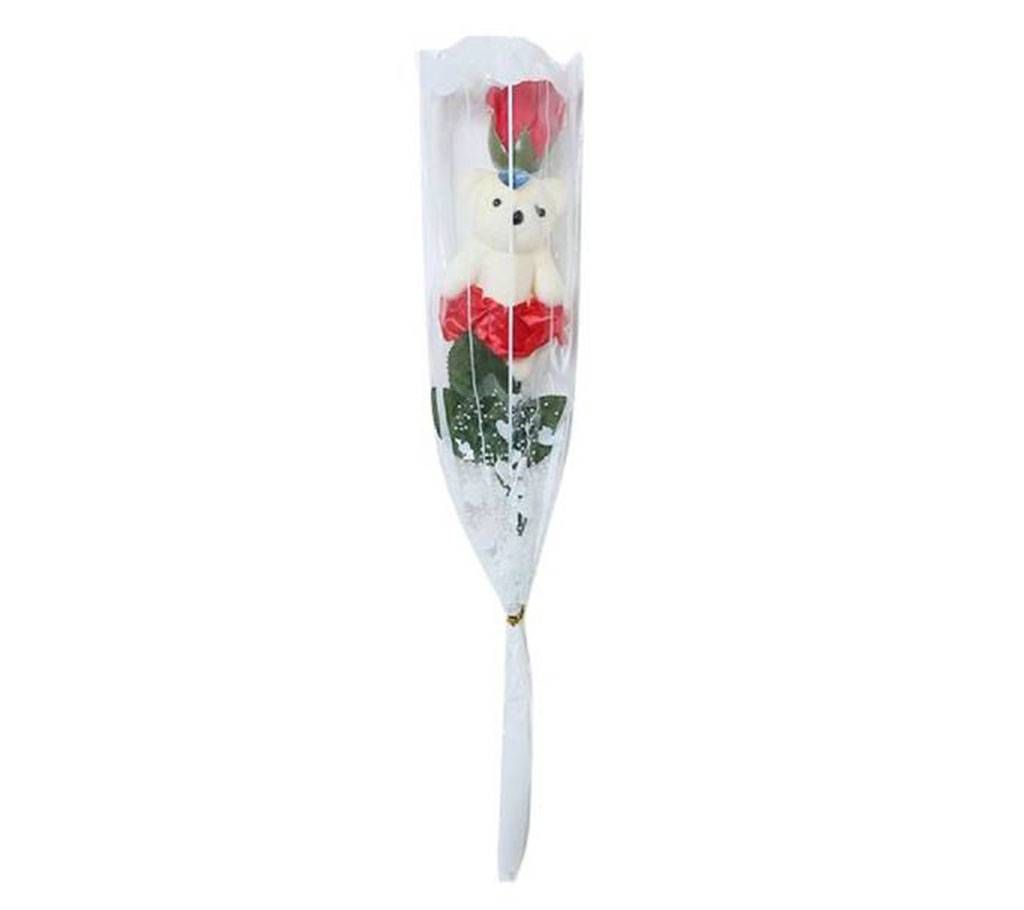 Rose Stick With Teddy Bear - Red & White