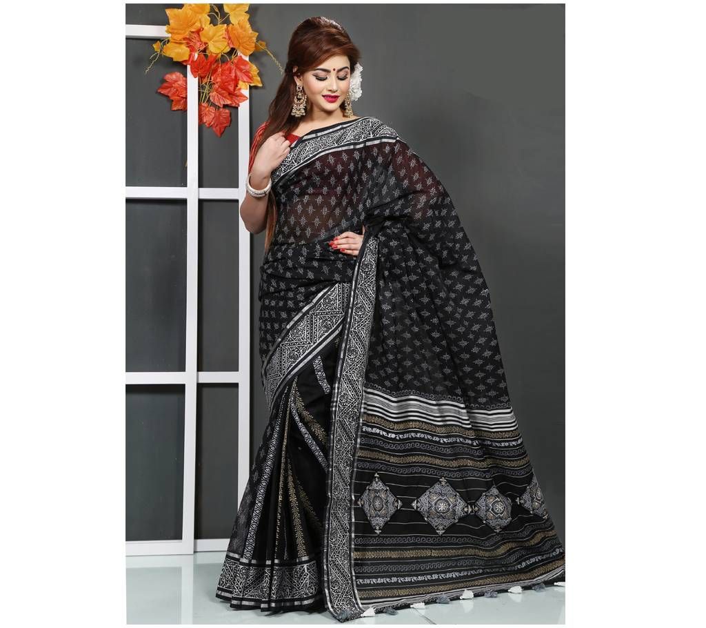 pure black muslin silk Sharee