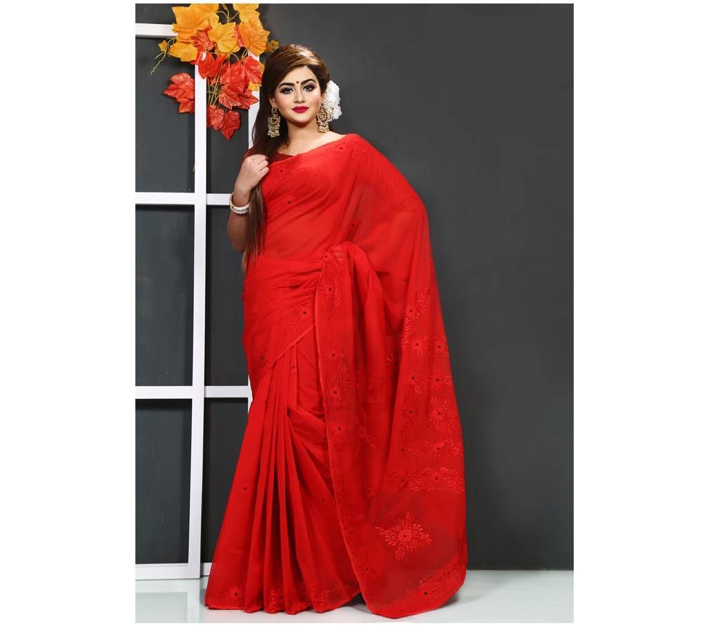 Wpure red muslin silk sharee