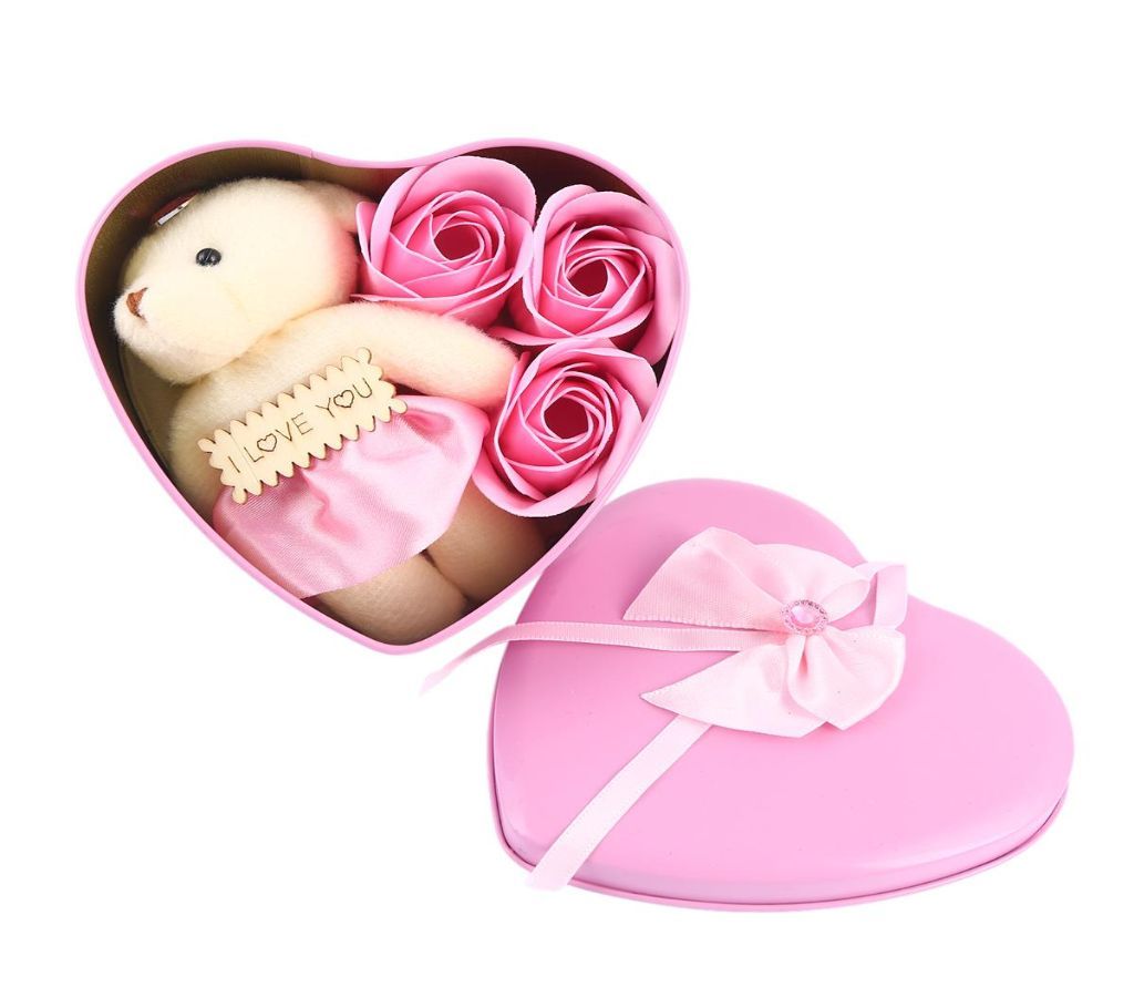 Valentine Day Love Gift -Heart Shape Gift Box (Flowers With Soft Teddy) - 11cm*11.8cm