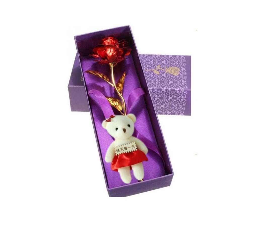 24 K Gold Plated Foil Rose for valentines Day Gift with Teddy Bear
