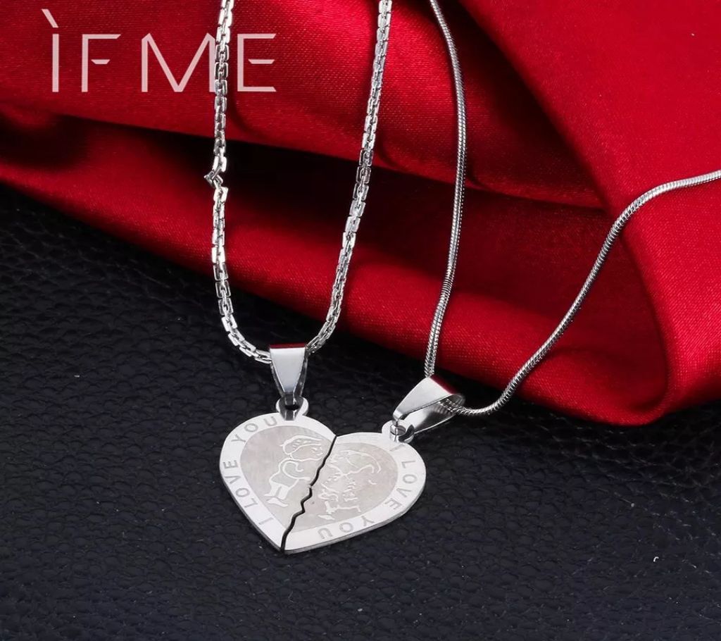 Valentines Day Couples Lovers Promise Double Half Heart Statement Necklace Color Silver Color Necklaces & Pendants