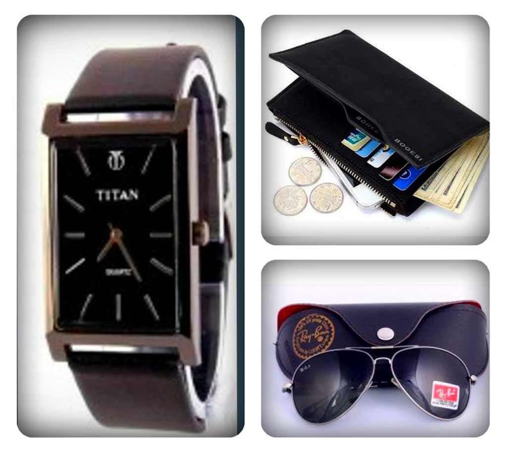 Tital Wristwatch + Wallet + Ray ban Sunglasses Combo