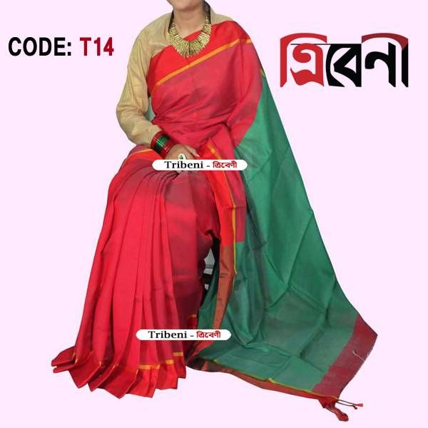 Red & green toshor silk sharee
