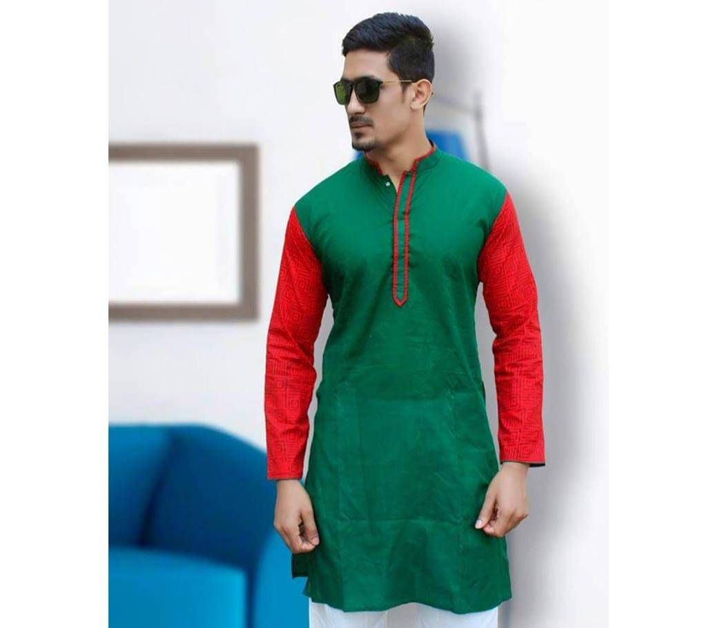Bijoy Diboser Red-Green Semi Long Cotton Punjabi