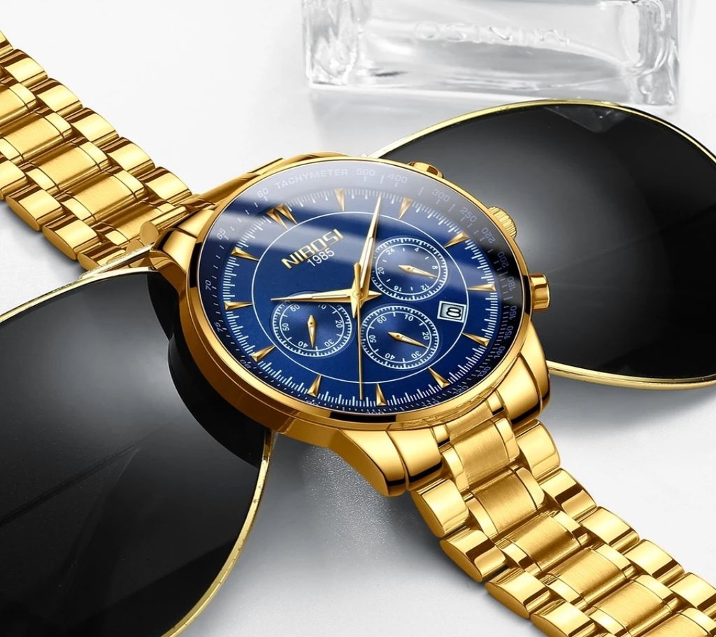 NIBOSI Mens Golden-Blue Luxury Brand Chronograph Wrist Watch