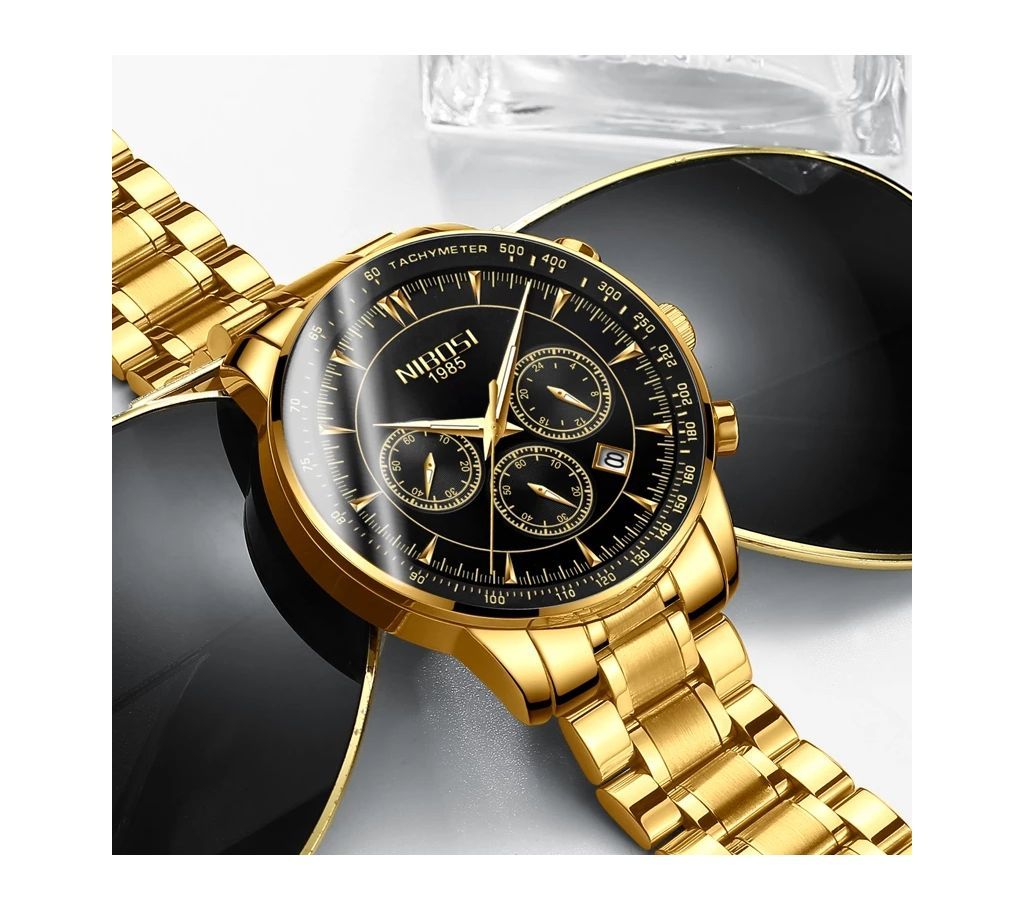 NIBOSI Mens Golden-Black Luxury Brand Chronograph Wrist Watch