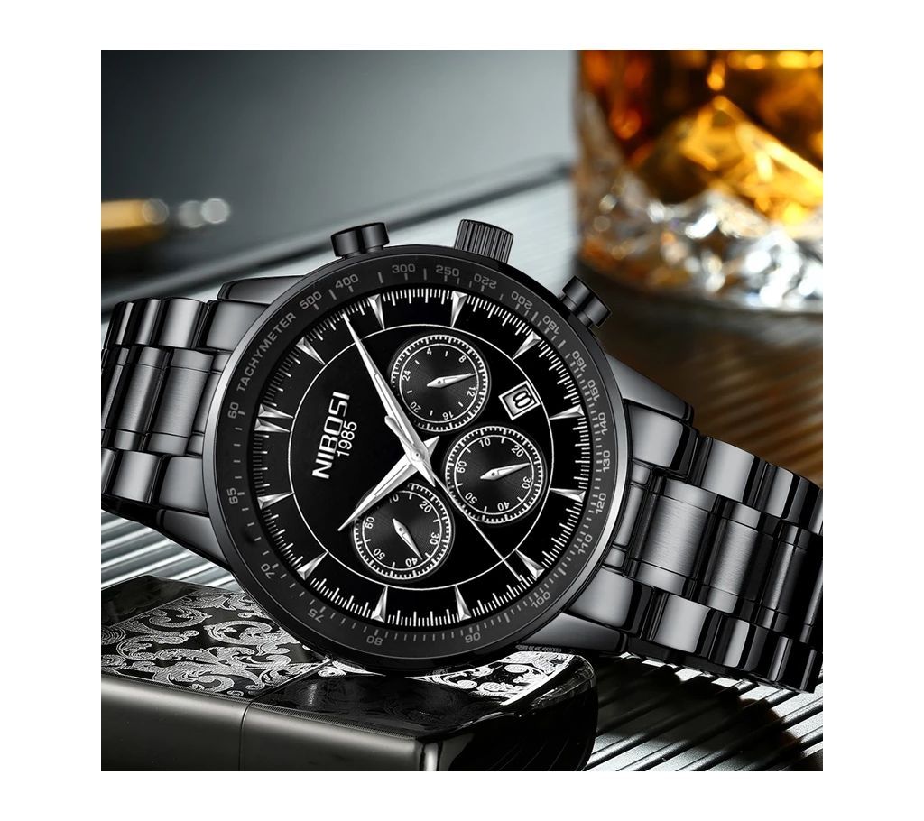 NIBOSI Mens Full Black Luxury Brand Chronograph Wrist Watch