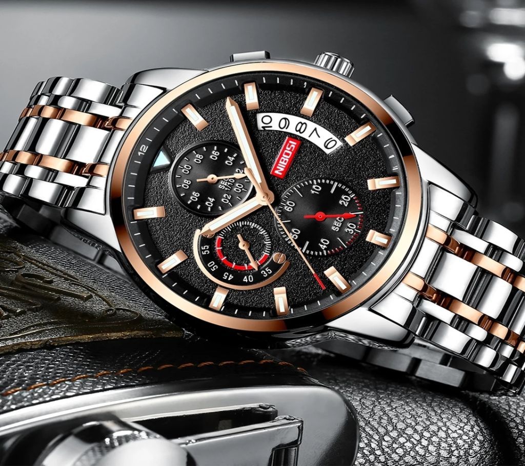 NIBOSI Mens Silver-Black Luminous Business Wrist Watch