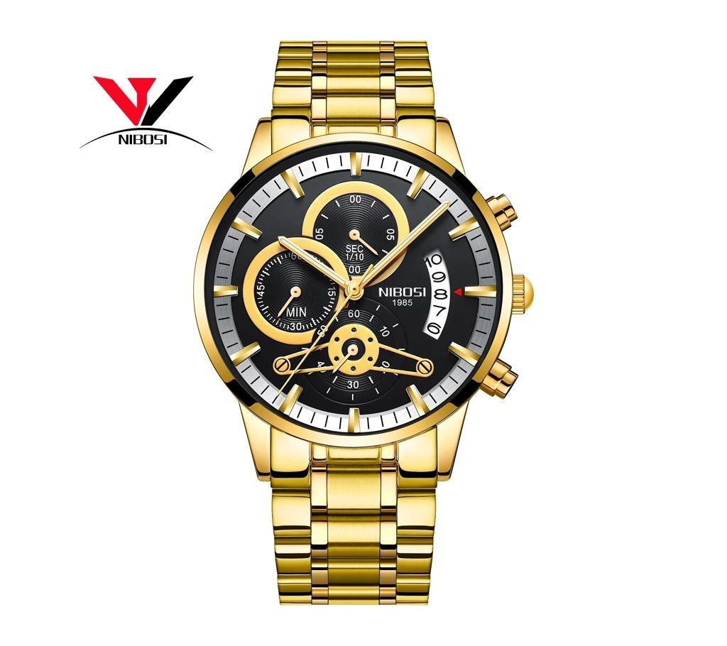 NIBOSI Mens Golden-Black Chronograph Wrist Watch