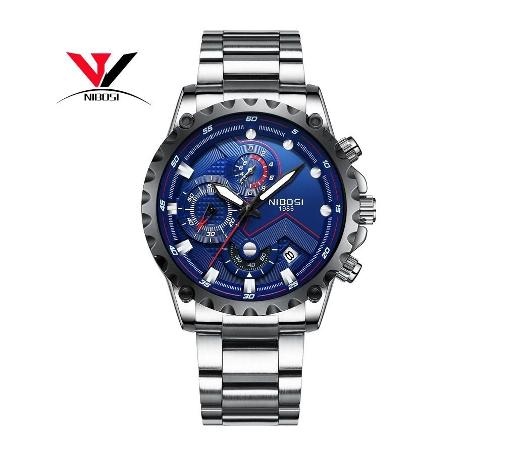 NIBOSI Mens Silver-Blue Luxury Chronograph Wrist Watch