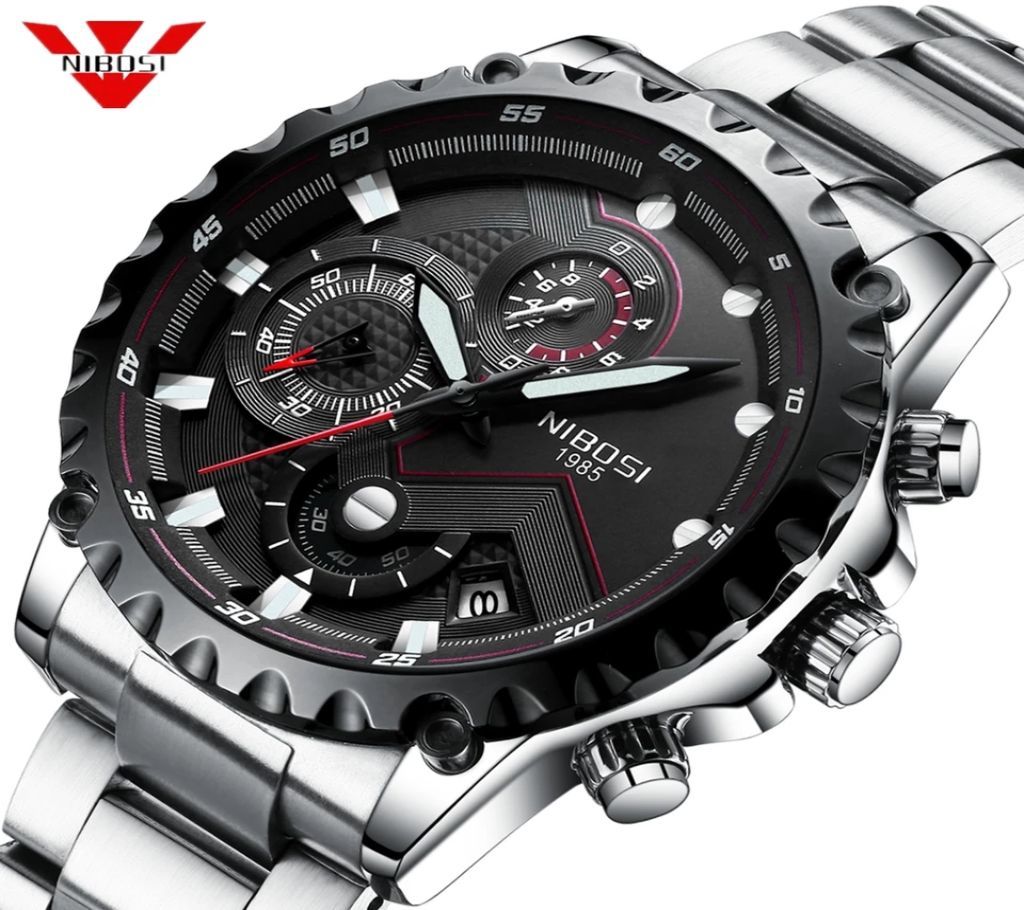 NIBOSI Mens Silver-Black Luxury Chronograph Wrist Watch