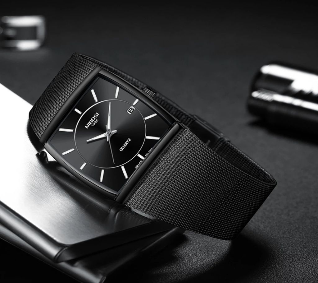 NIBOSI Mens Luxury Full Black Square Quartz Wrist Watch