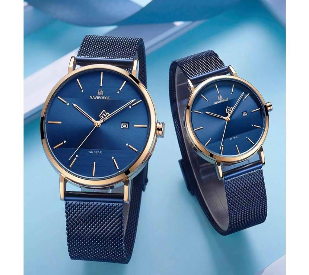 NAVIFORCE NF3008 Royal Blue Mesh Stainless Steel Analog Watch For Couple - RoseGold & Royal Blue