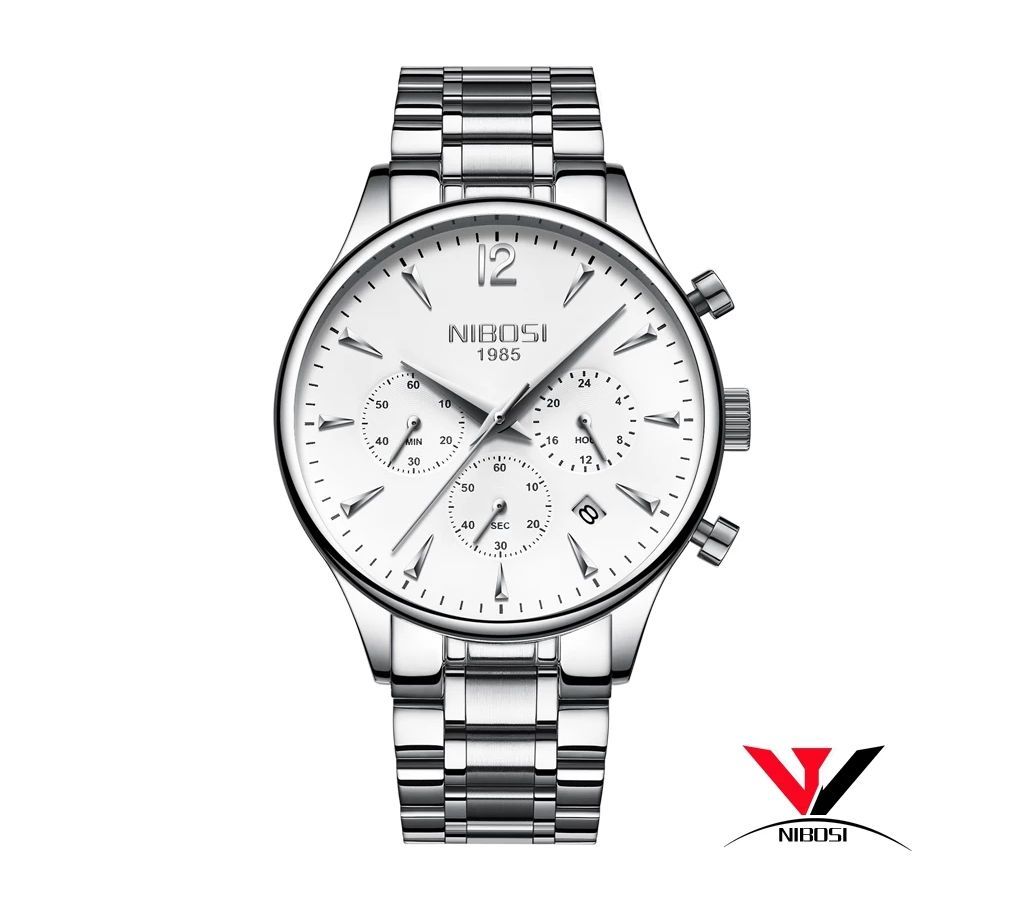 NIBOSI Mens Full Silver Quartz Wrist Watch