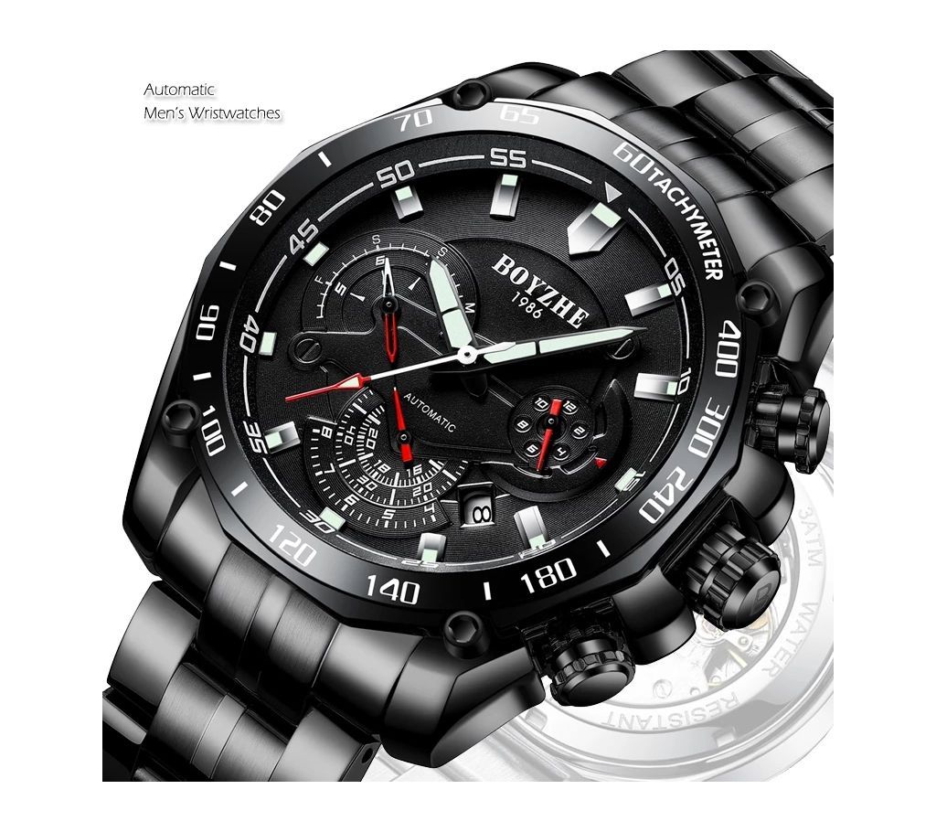 BOYZHE Mens Automatic Full Black Luxury Business Chronograph Wrist Watch