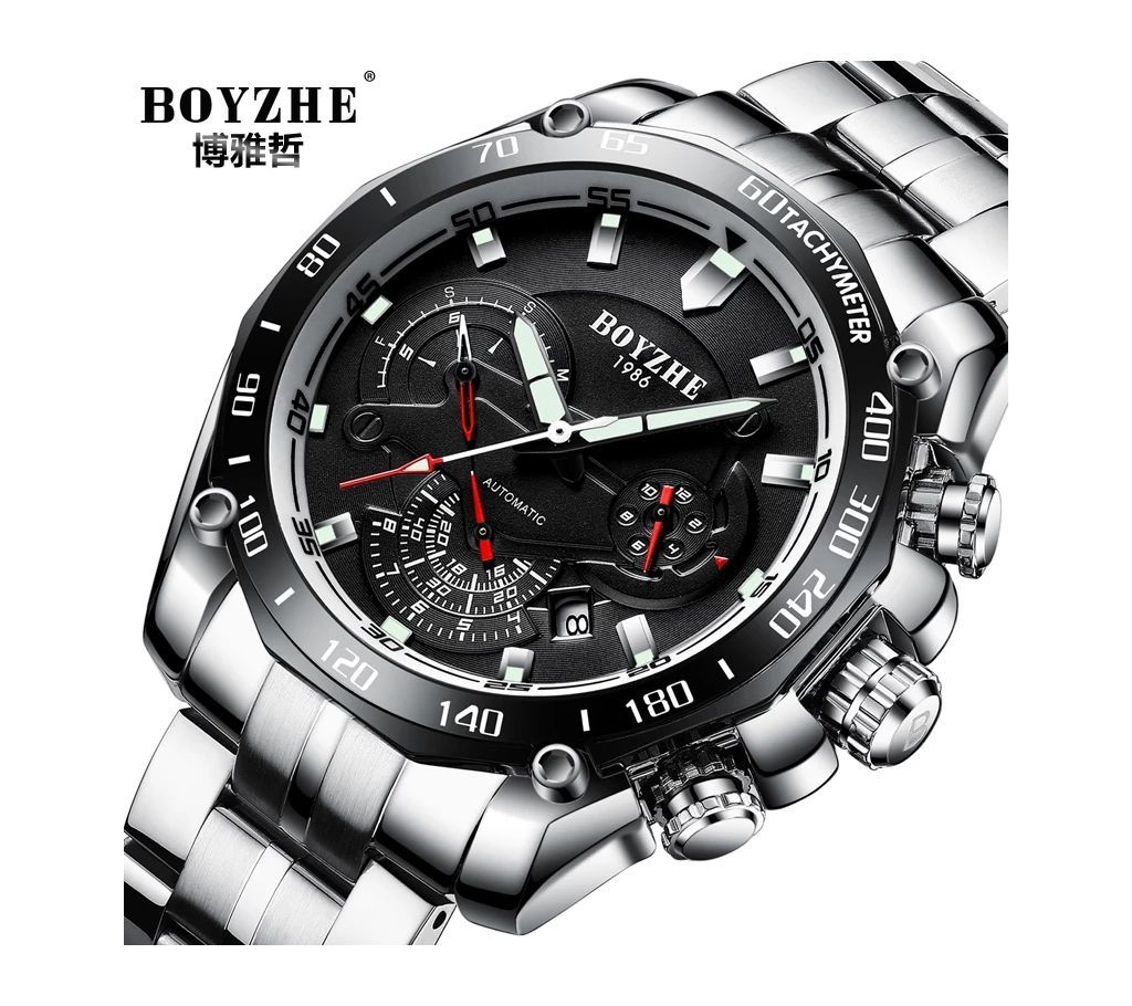 BOYZHE Mens Automatic Silver-Black Luxury Business Chronograph Wrist Watch