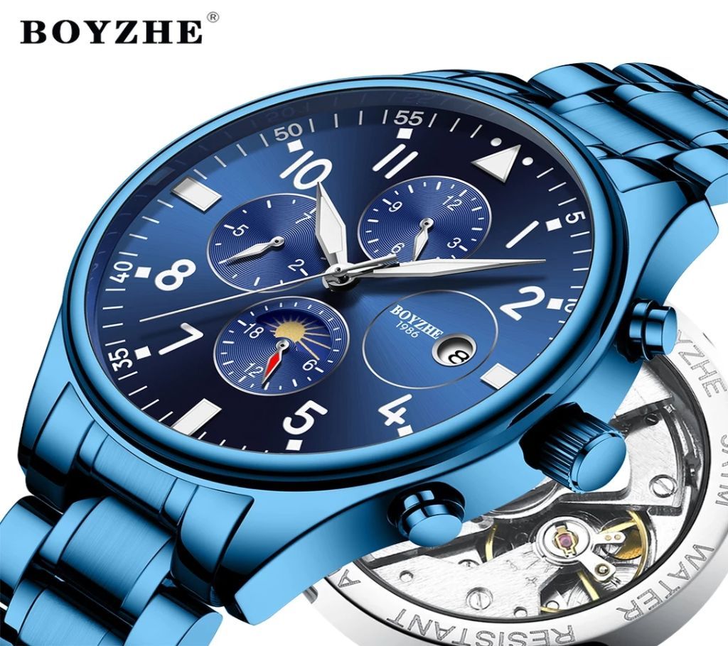 BOYZHE Mens Luminous Full Blue Automatic Mechanical Business Wrist Watch