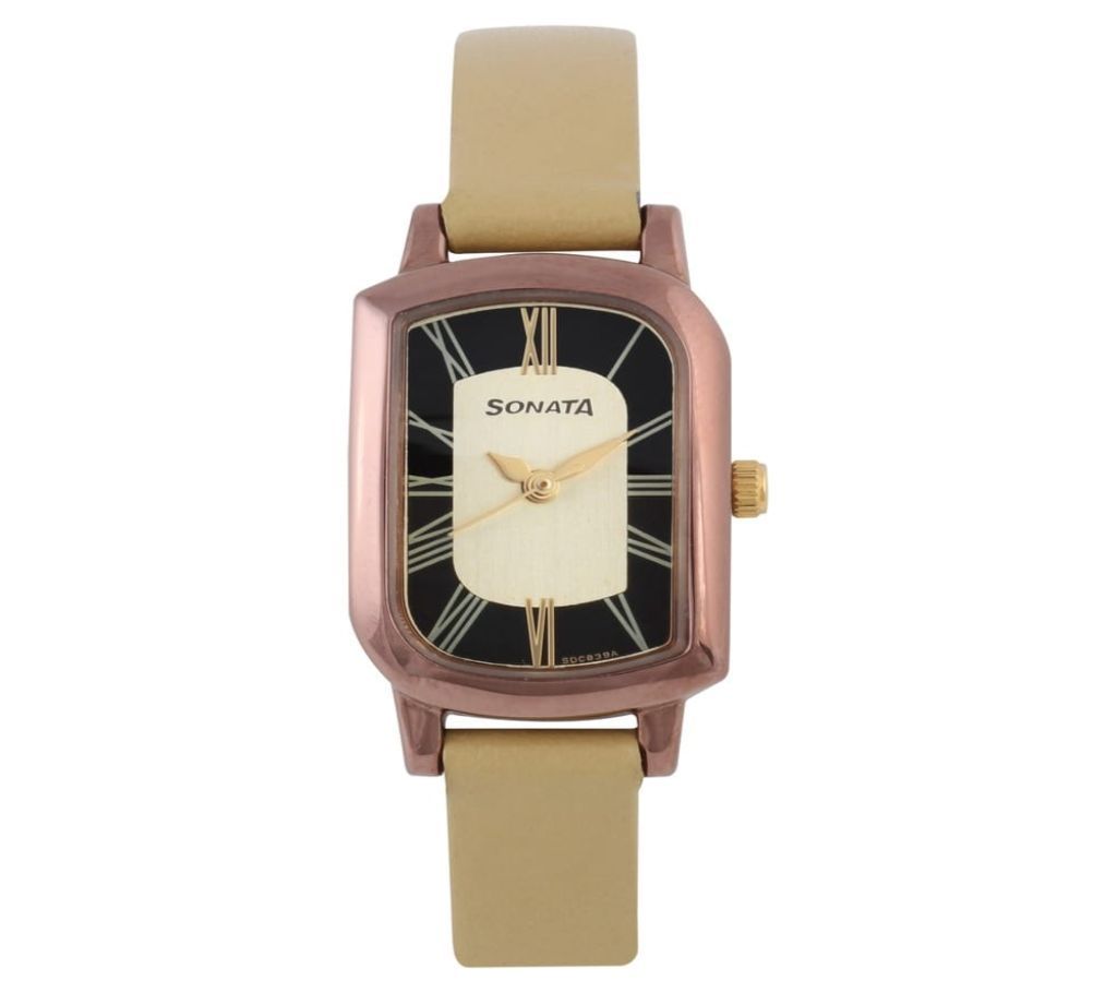 Original trendy Sonata Pink Dial Beige Leather Strap Analog Watch for Women