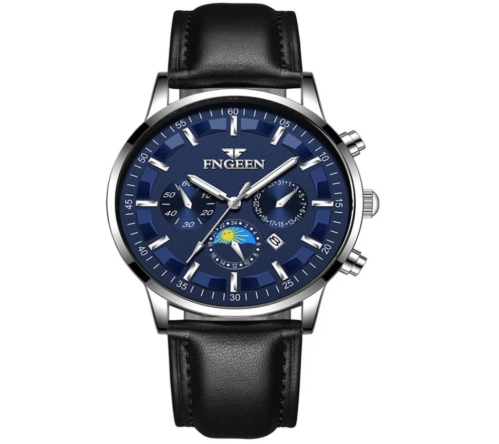 FNGEEN Mens Leather Black-Blue Luxury Luminous Hands Calendar Date Wrist Watch