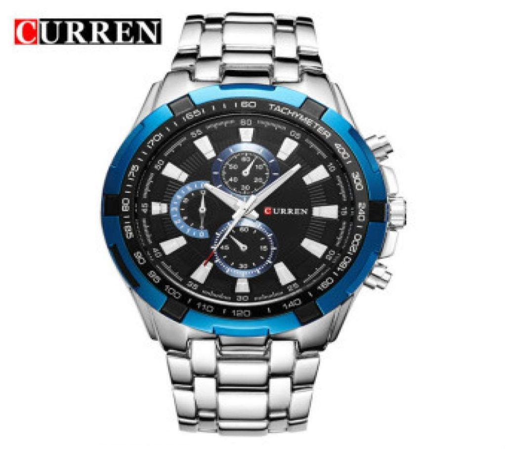 Curren Silver Chain Black Dial Wrist Watch for Men - 8023