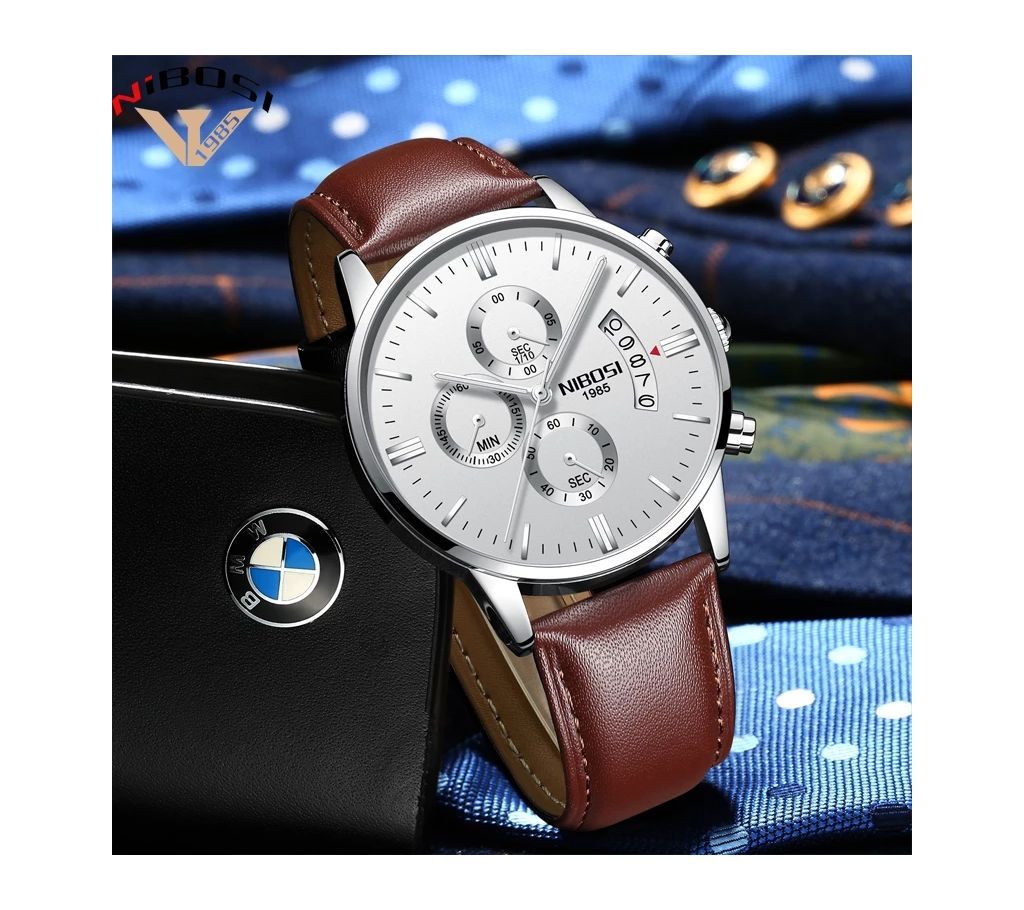 NIBOSI Mens Leather Brown Wrist Watch