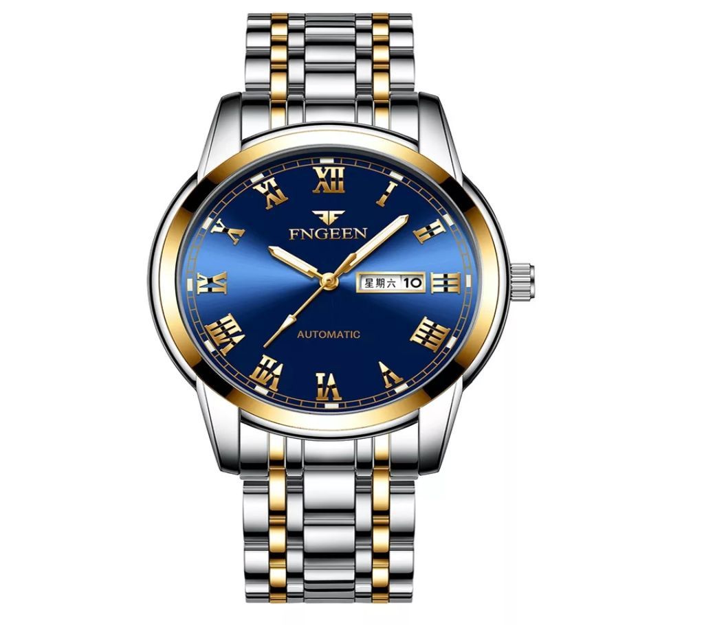 FNGEEN Mens Silver-Blue Luxury Luminous Hands Business Wrist Watch