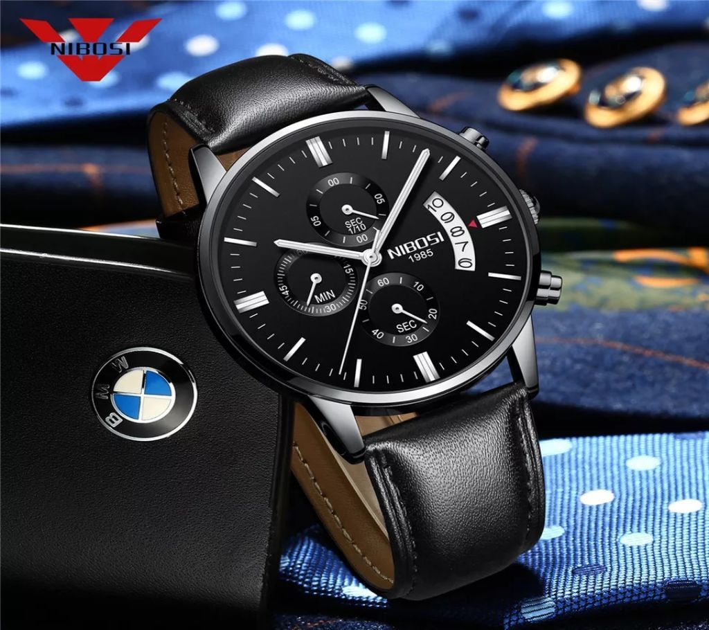 NIBOSI Mens Leather Full Black Wrist Watch