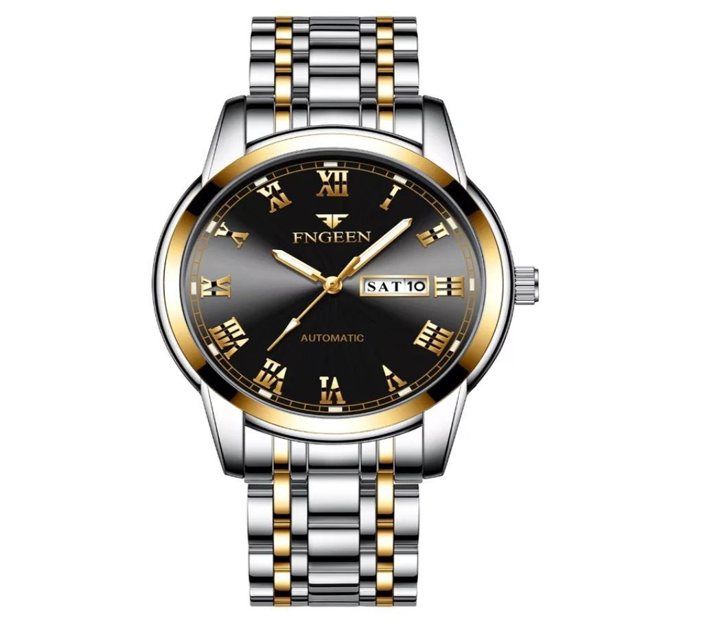 FNGEEN Mens Silver-Black Luxury Calendar Date Luminous Hands Business Wrist Watch