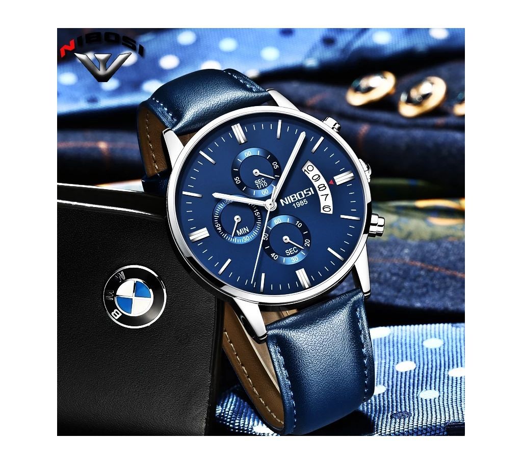 NIBOSI Mens Leather Full Blue Wrist Watch