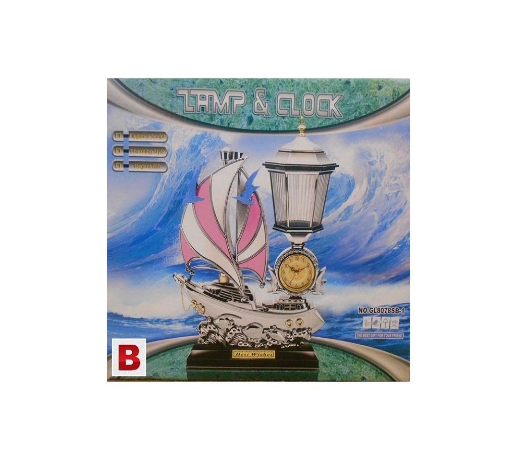 Table Clock in a Plastic Sailing Ship with Lamp (HS117)